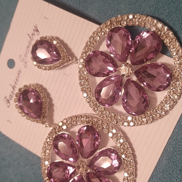 Lavender and Clear Rhinestone Flower Earrings - Picture 2 of 2